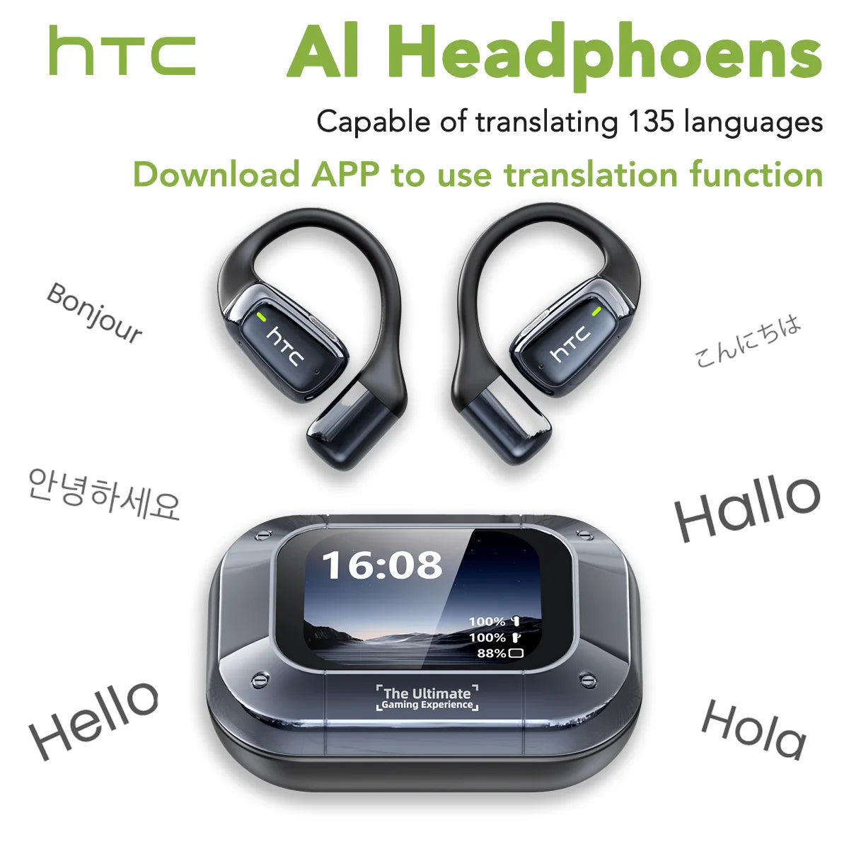 HTC OWS — Auriculares Open-Ear com Tradução em Tempo Real para 134 Idiomas | IA | Modo Sono White Noise | Ecrã LCD | Equalizador DIY