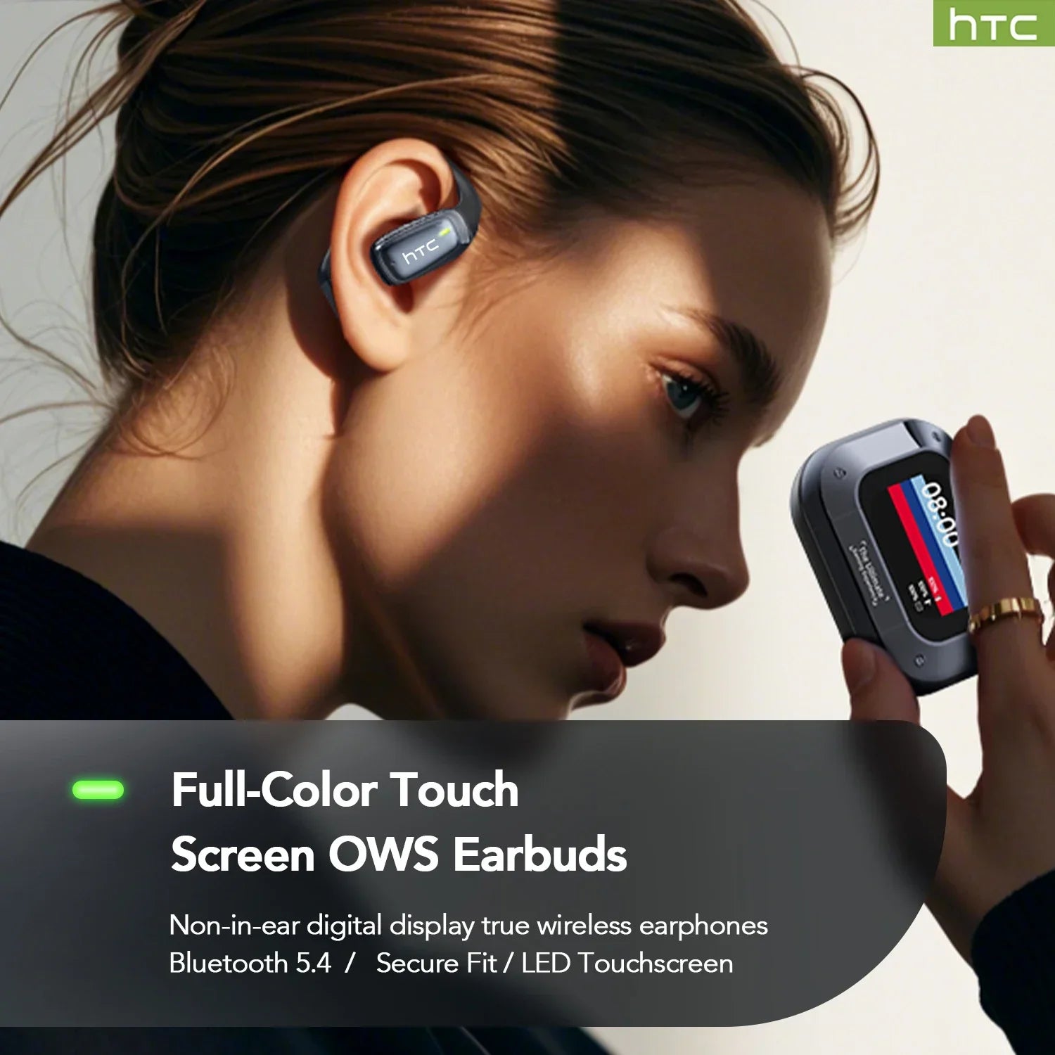 HTC OWS — Auriculares Open-Ear com Tradução em Tempo Real para 134 Idiomas | IA | Modo Sono White Noise | Ecrã LCD | Equalizador DIY