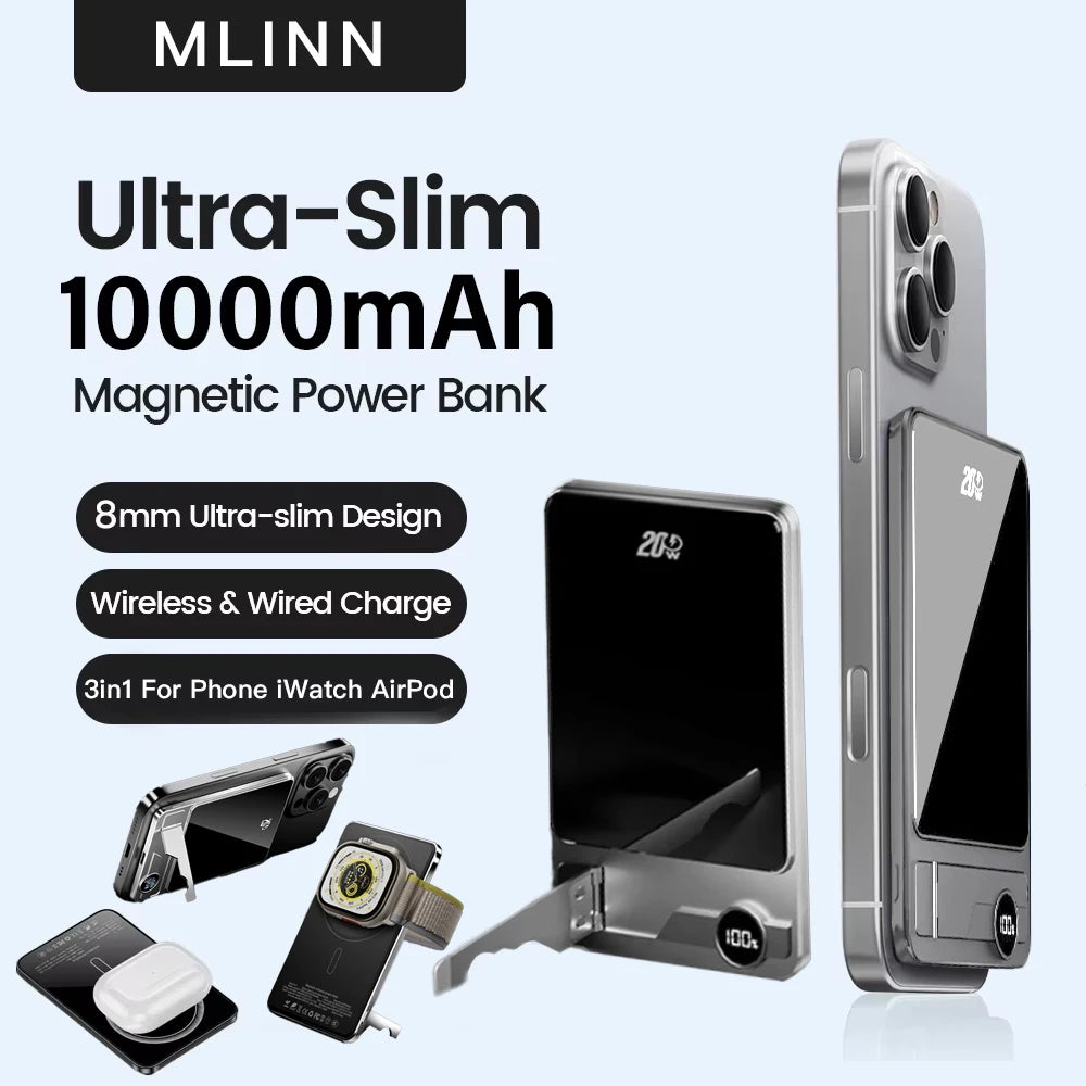 Magnetic Power Bank 10000mAh — Ultra-Slim 8mm | MagSafe | 3 em 1 iPhone, Apple Watch e AirPods | 20W