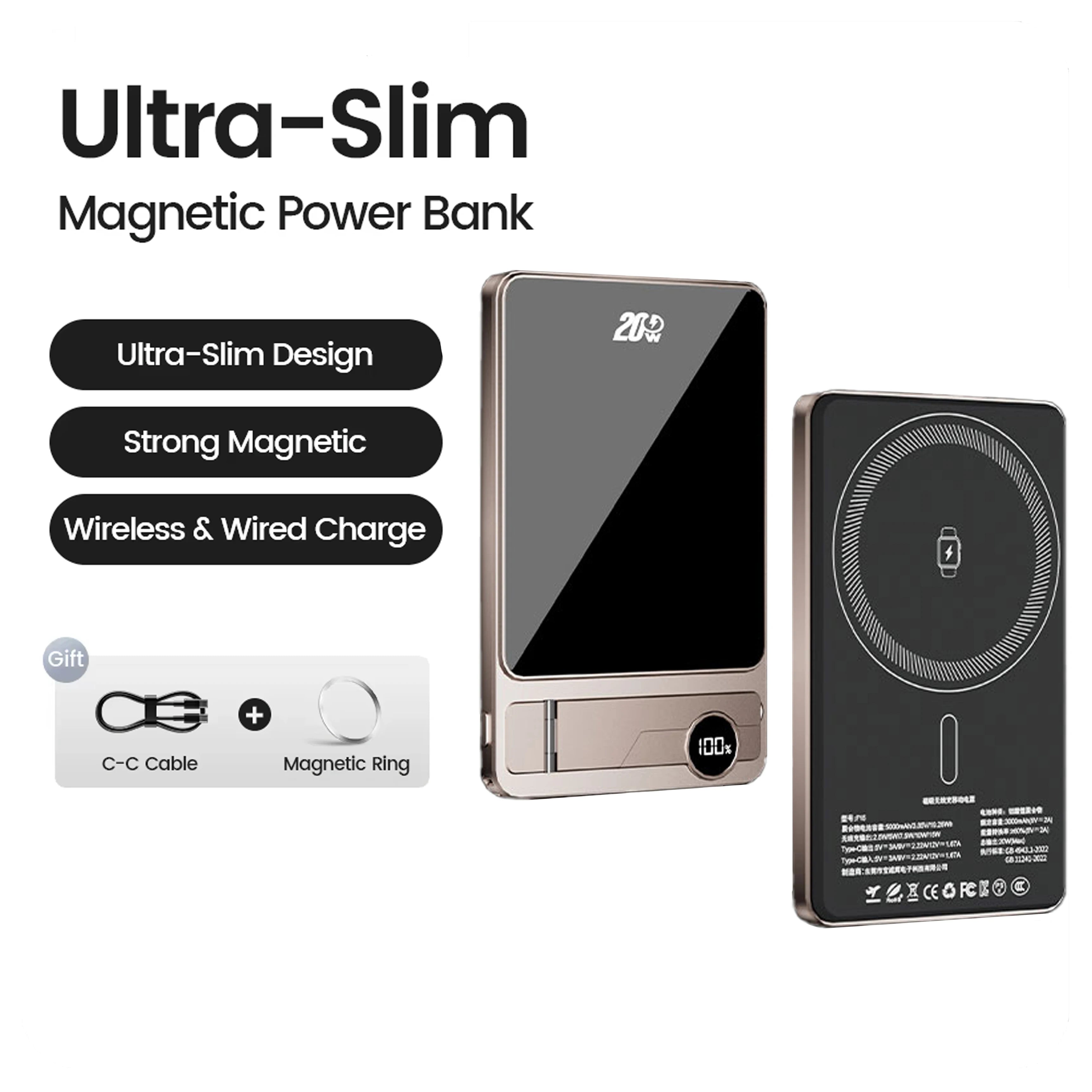 Magnetic Power Bank 10000mAh — Ultra-Slim 8mm | MagSafe | 3 em 1 iPhone, Apple Watch e AirPods | 20W