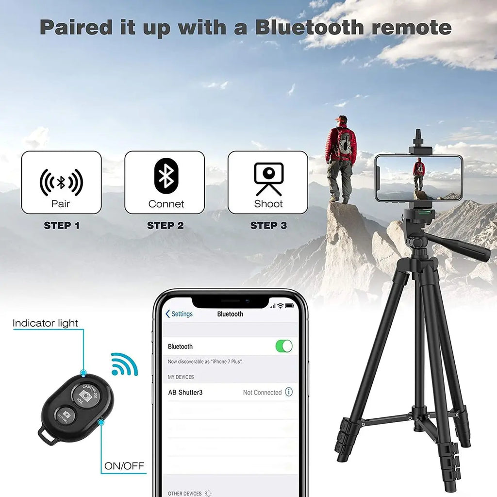 Tripé Universal Ajustável com Suporte para Telemóvel e Comando Bluetooth — Compatível com Telemóveis, Câmaras, GoPro e Projetore