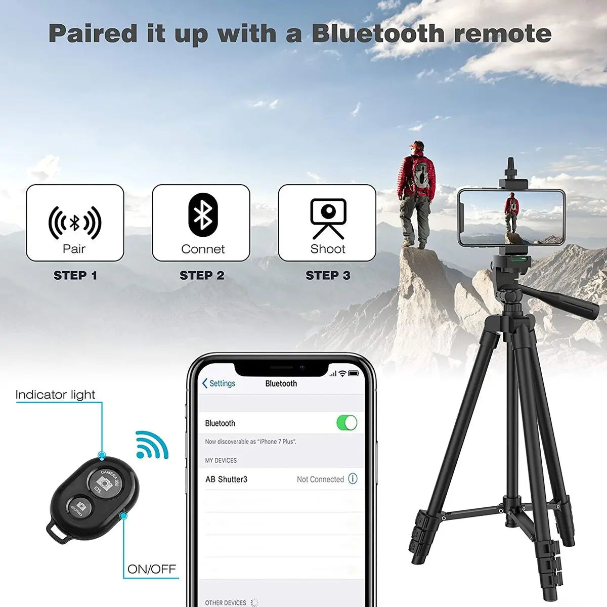 Tripé Universal Ajustável com Suporte para Telemóvel e Comando Bluetooth — Compatível com Telemóveis, Câmaras, GoPro e Projetore