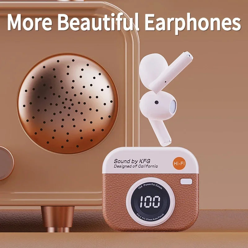KFG Q86 TWS — Auriculares HiFi True Wireless | Design Retro Camara | Bluetooth 5.4 | Display LED | 36 Horas