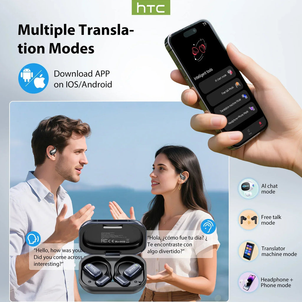 HTC OWS — Auriculares Open-Ear com Tradução em Tempo Real para 134 Idiomas | IA | Modo Sono White Noise | Ecrã LCD | Equalizador DIY