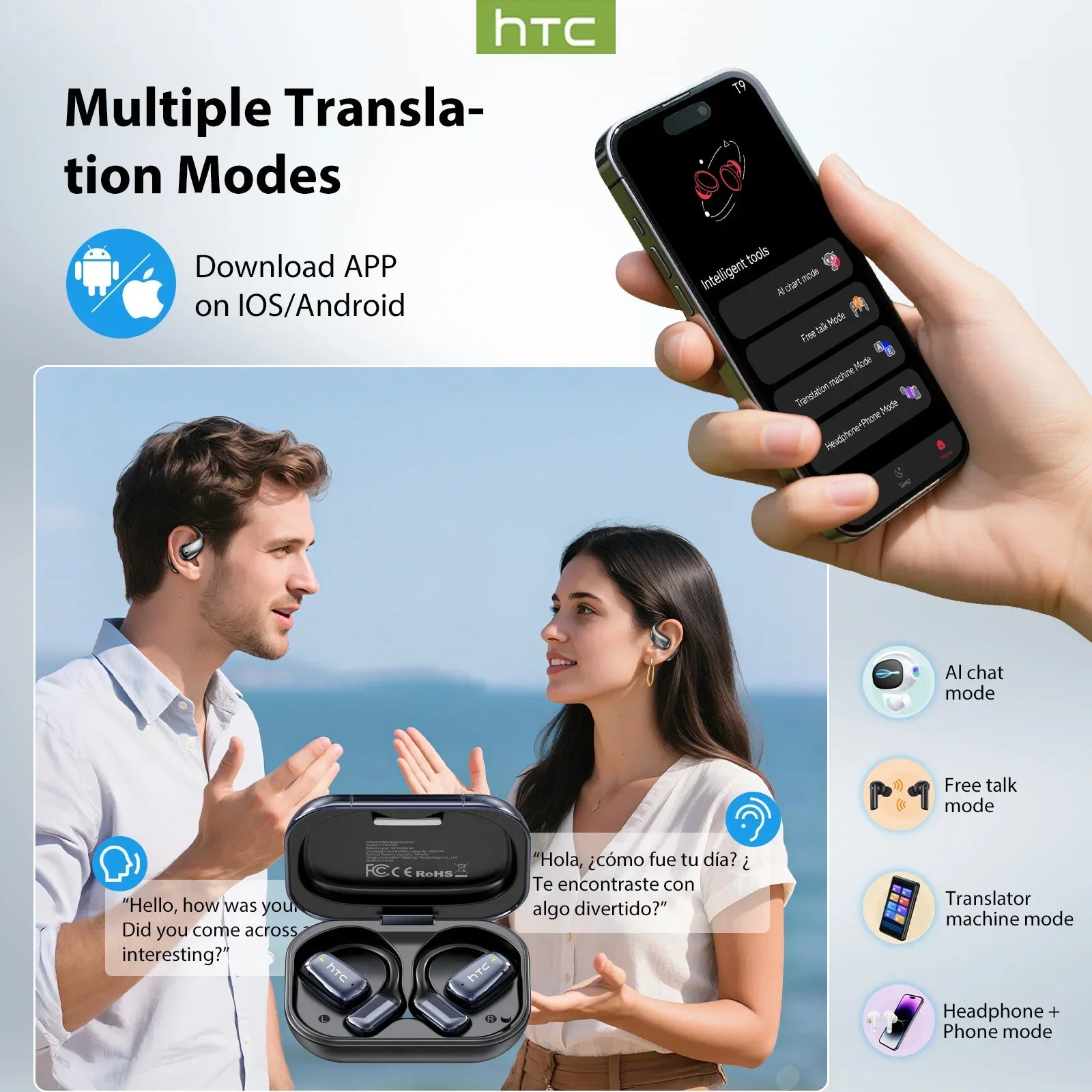 HTC OWS — Auriculares Open-Ear com Tradução em Tempo Real para 134 Idiomas | IA | Modo Sono White Noise | Ecrã LCD | Equalizador DIY