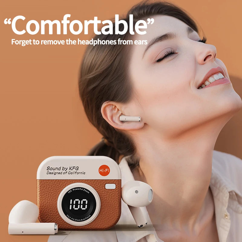 KFG Q86 TWS — Auriculares HiFi True Wireless | Design Retro Camara | Bluetooth 5.4 | Display LED | 36 Horas