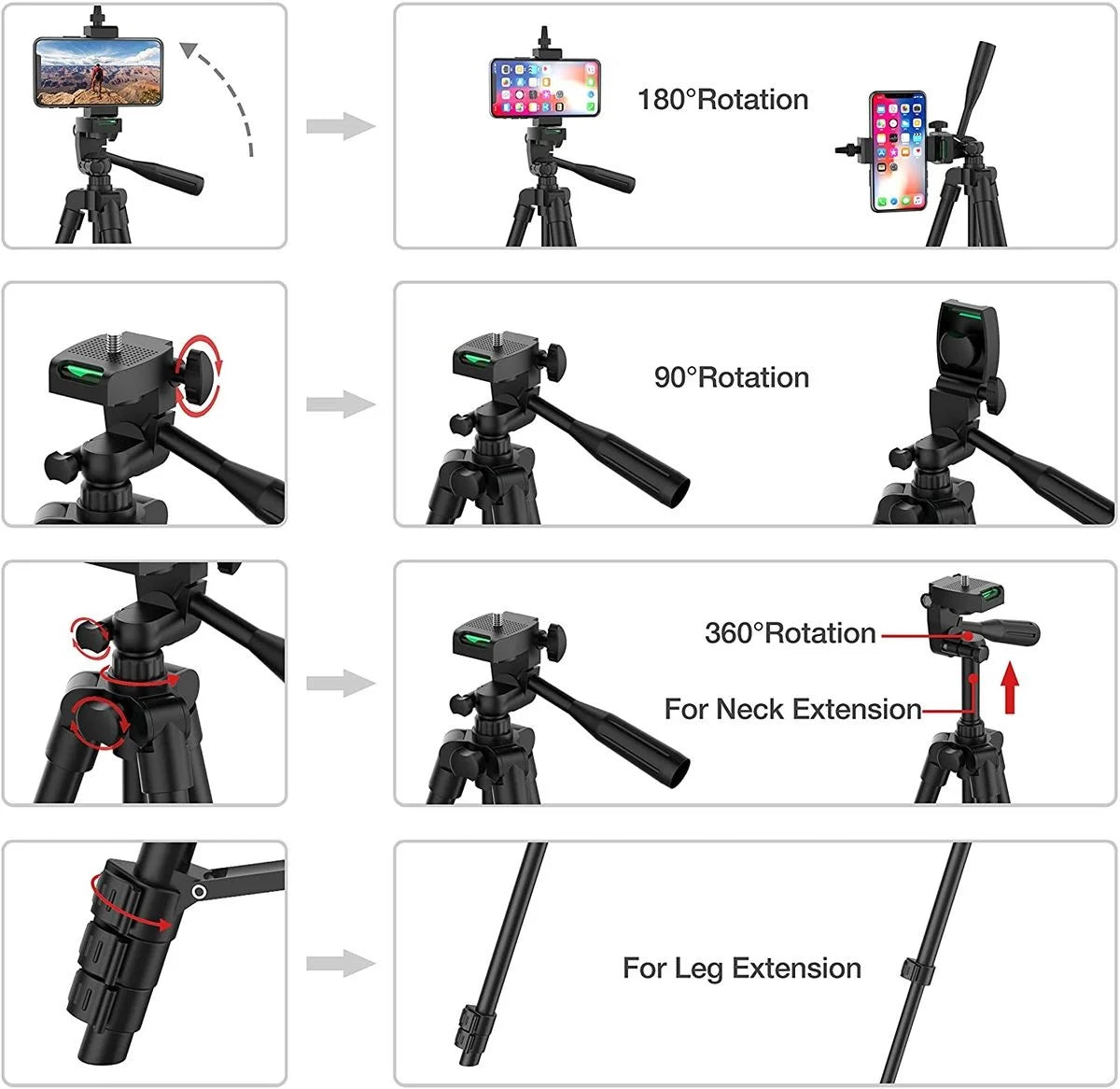 Tripé Universal Ajustável com Suporte para Telemóvel e Comando Bluetooth — Compatível com Telemóveis, Câmaras, GoPro e Projetore