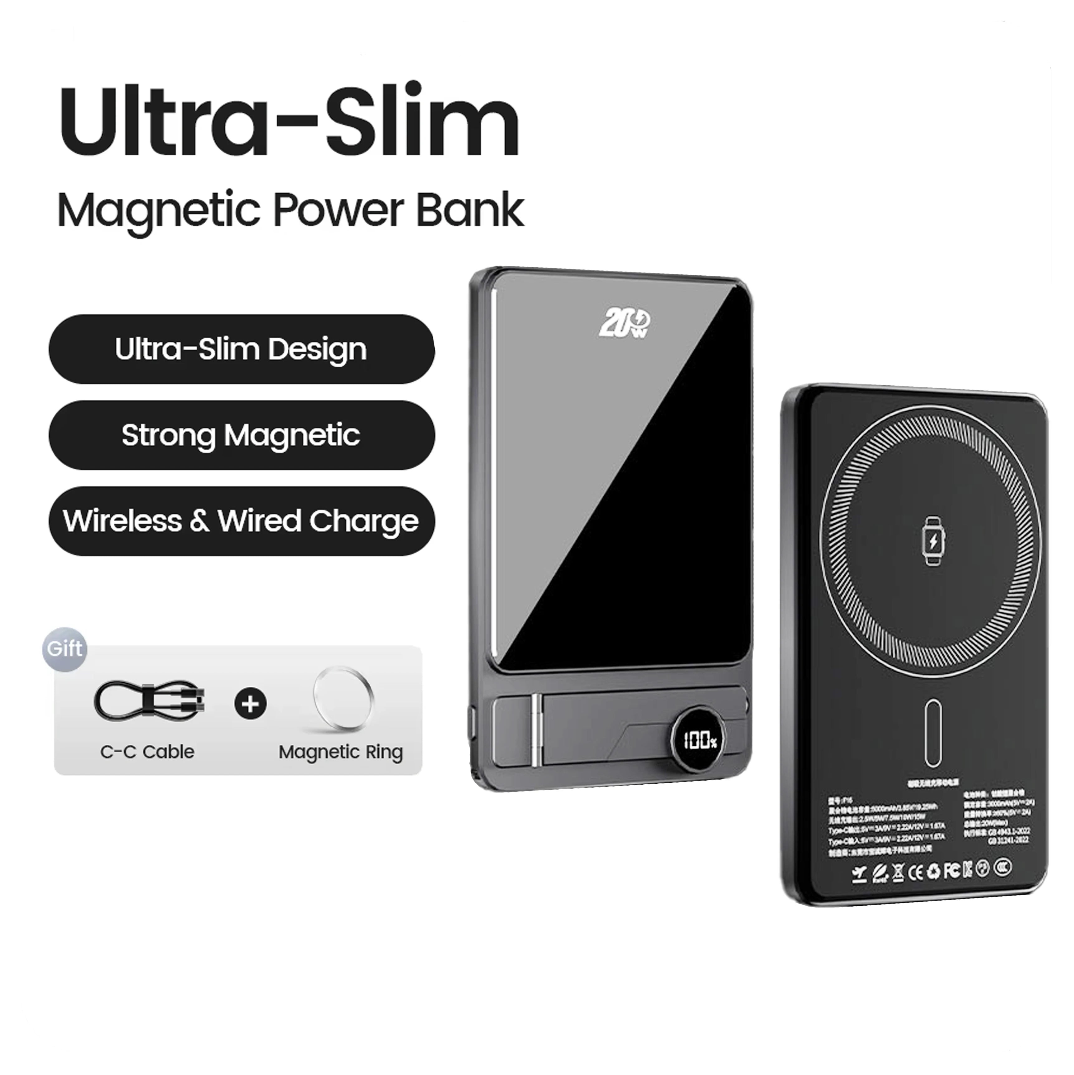 Magnetic Power Bank 10000mAh — Ultra-Slim 8mm | MagSafe | 3 em 1 iPhone, Apple Watch e AirPods | 20W