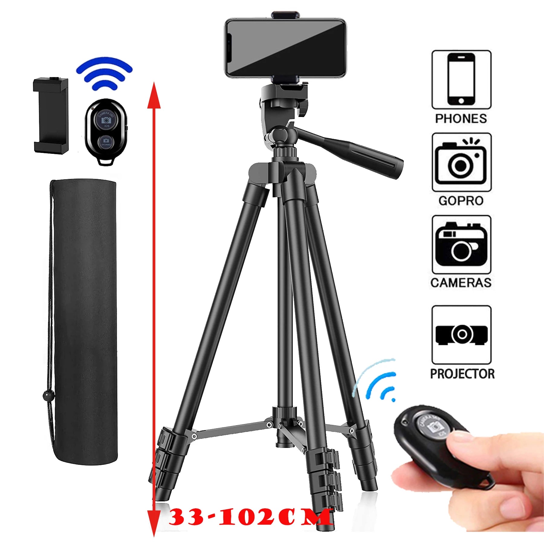 Tripé Universal Ajustável com Suporte para Telemóvel e Comando Bluetooth — Compatível com Telemóveis, Câmaras, GoPro e Projetore