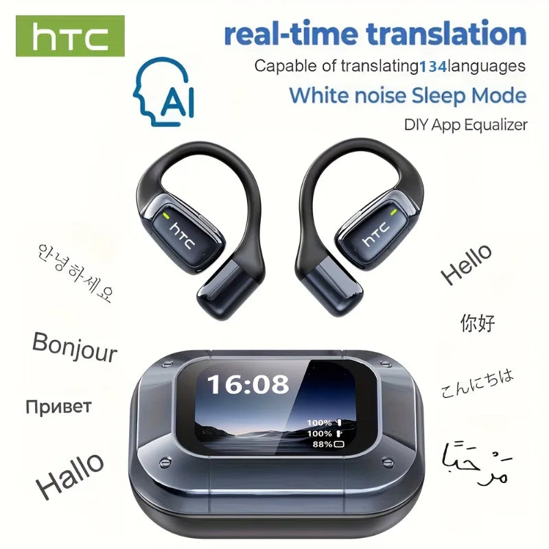 HTC OWS — Auriculares Open-Ear com Tradução em Tempo Real para 134 Idiomas | IA | Modo Sono White Noise | Ecrã LCD | Equalizador DIY