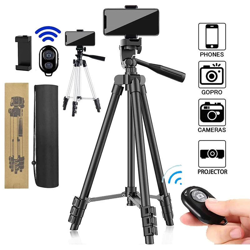 Tripé Universal Ajustável com Suporte para Telemóvel e Comando Bluetooth — Compatível com Telemóveis, Câmaras, GoPro e Projetore