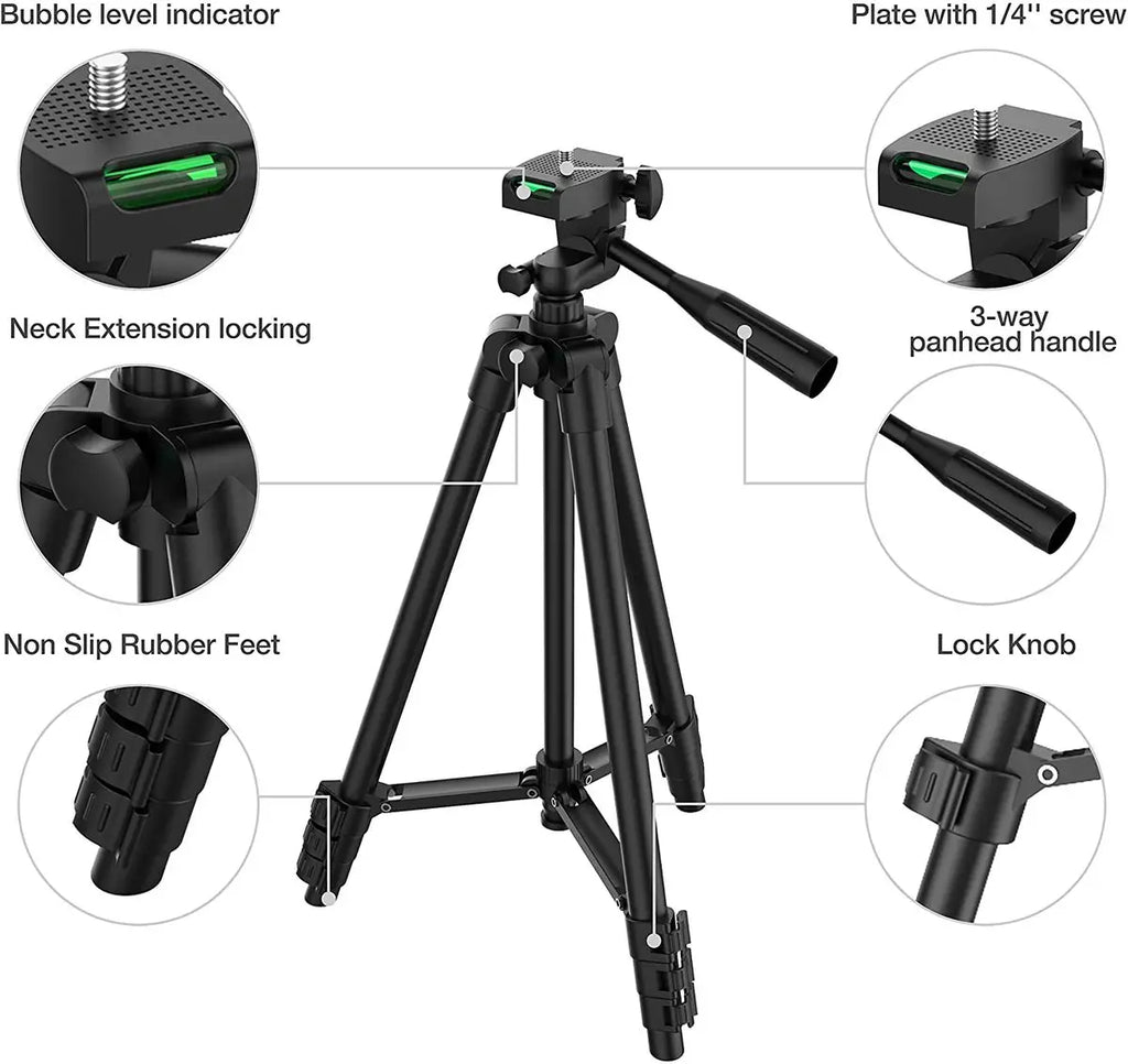 Tripé Universal Ajustável com Suporte para Telemóvel e Comando Bluetooth — Compatível com Telemóveis, Câmaras, GoPro e Projetore